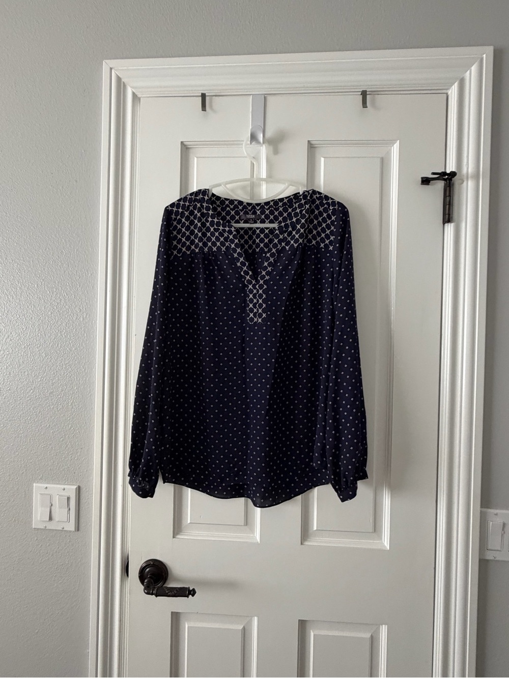 NYDJ Navy Printed Long-Sleeve Blouse